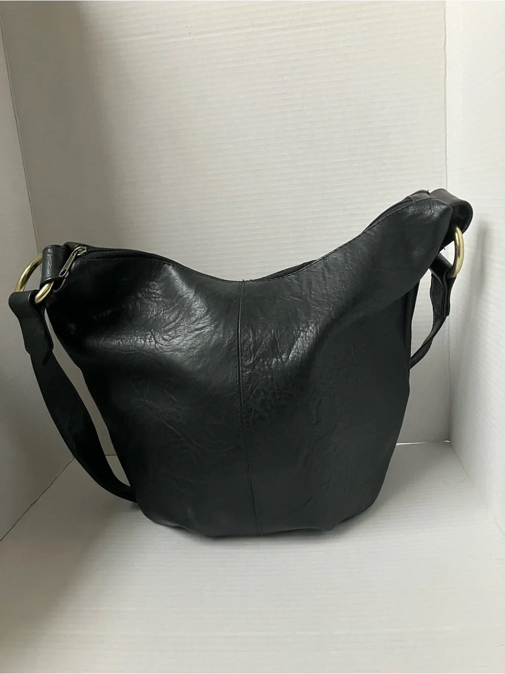Classic Black Leather Hobo Shoulder Bag 16x11 with 18” Handle Drop Zipper Top